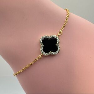 Sterling Silver Gold Plated Black Clover CZ Bracelet 925 Adjustable New